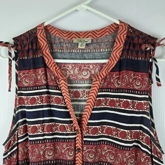 Lucky Brand Mandarin Tie Dress Rayon Button Up Sleeveless Red Boho size M - Picture 3 of 13